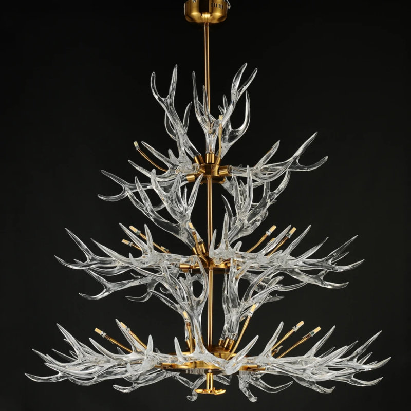 Lustre cerf en cristal clair, Argent antique, Transparent, 20” Diameter x 16” Height