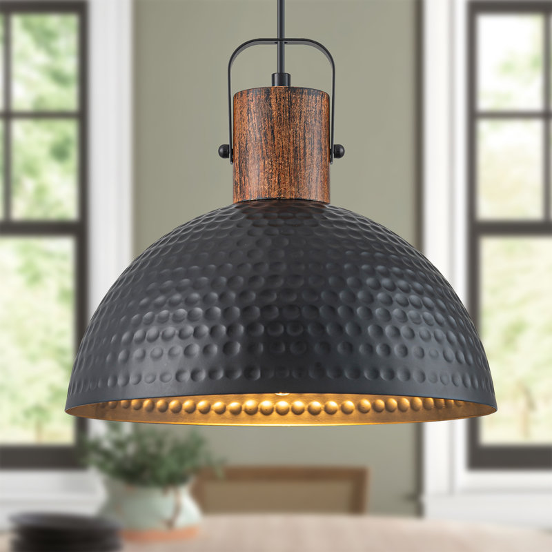 Kensaku 1-Light 11.81" Dimmable Dome Hammered Single Pendant Light, Black