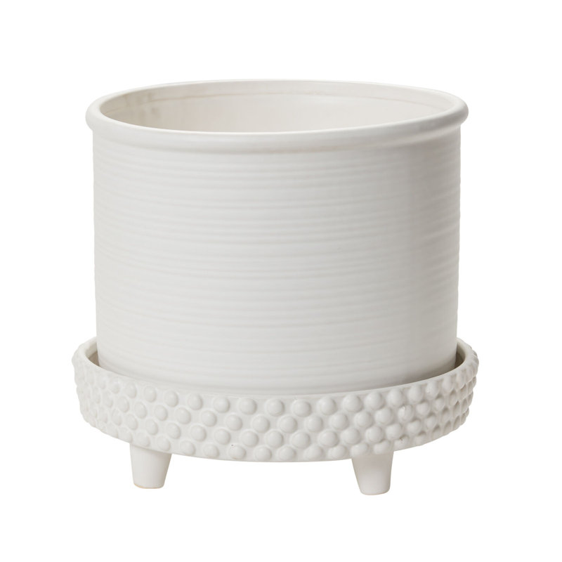 L Round Footed Terracotta "Samara" Planter Pot, 11'' H x 12.5'' W x 12.5'' D, White