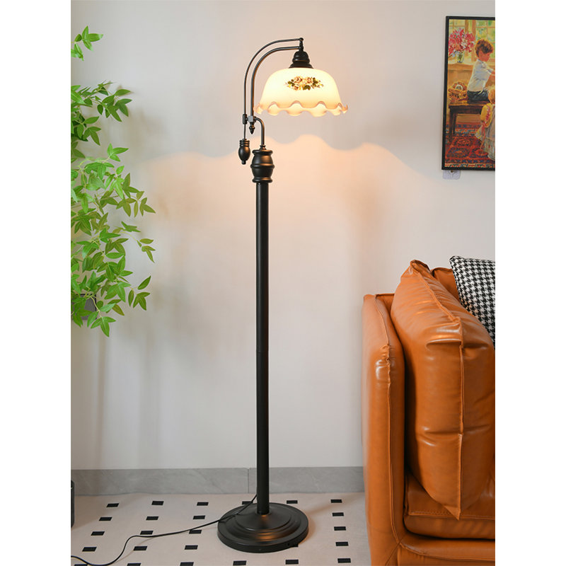 Retro-style ironwork glass and wood floor lamp