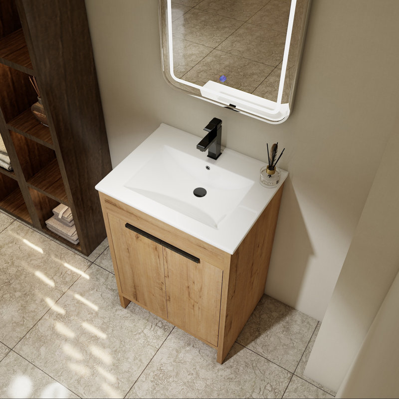 Meuble-lavabo autoportant de 24 po avec lavabo en céramique et rangement à fermeture en douceur, White