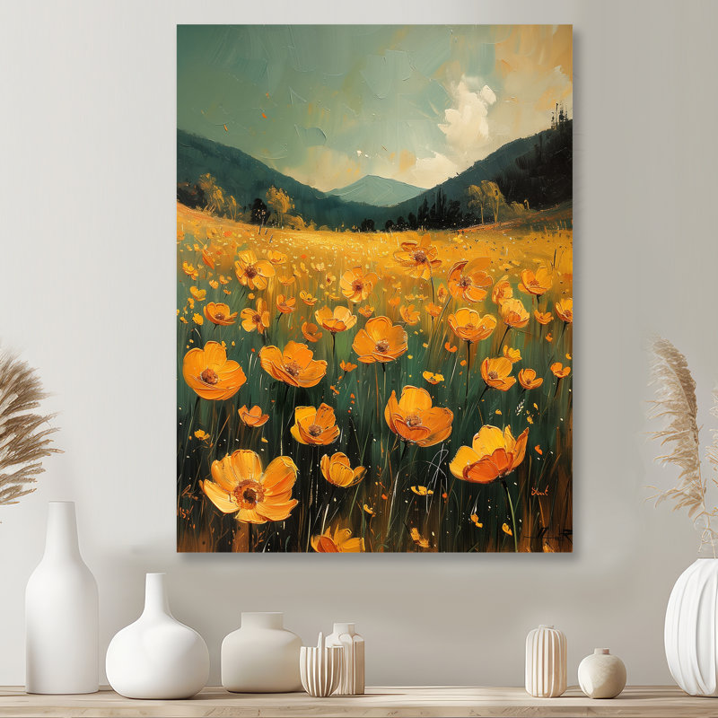 Décoration murale orange bouton d'or noir Meadow Bliss II - boutons d'or, Métal métal, H 40 po x l 30 po x P 1,5 po