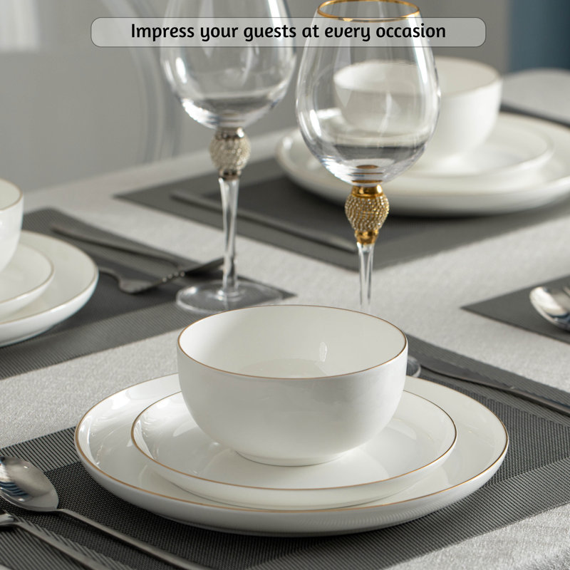 Elegant White Porcelain Dinnerware Set with Gold Accents, Service for 4