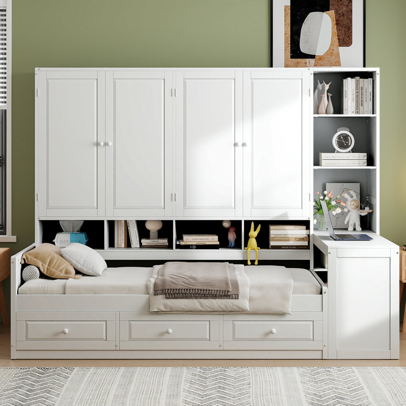 Wooden Daybed With Three Drawers, And All-In-One Cabinet, Desk And Shelves, Twin, White