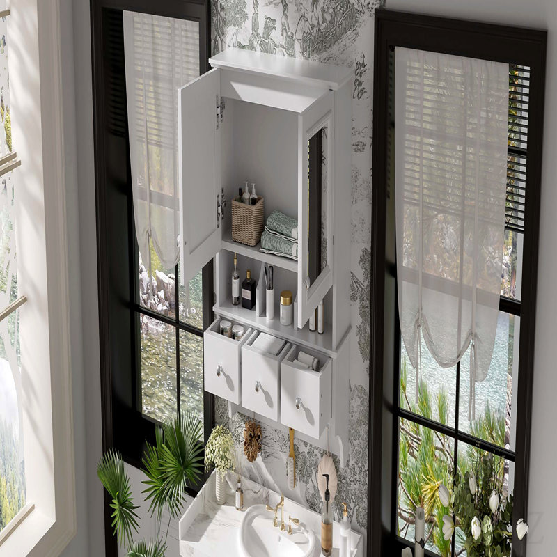 Armoire de toilette 4 en 1, armoire à pharmacie murale de 24 pouces avec tiroirs et crochets de rangement, miroirs haute définition avec rangement pour meuble-lavabo de salle de bain