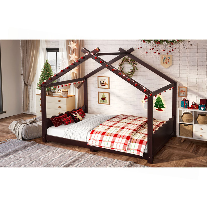 Lit de maison avec lattes de soutien, cadre de lit de maison en bois massif pour enfants, pas de sommier tapissier et structure d'ouverture