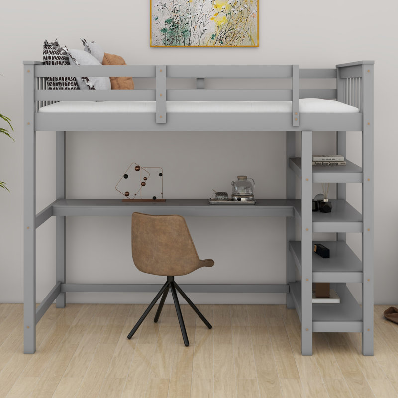 Lit mezzanine avec rangement sous le bureau et la bibliothèque, Lit simple, gris
