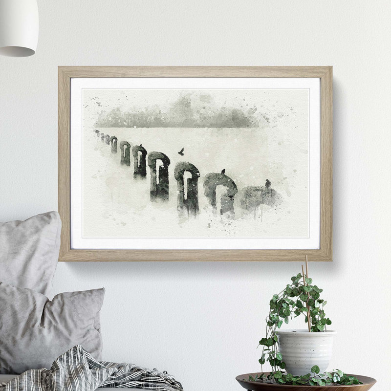 Perched Pigeons in Abstract - Picture Frame Graphic Art Print, 62cm H x 87cm W x 2cm D, Oak Framed