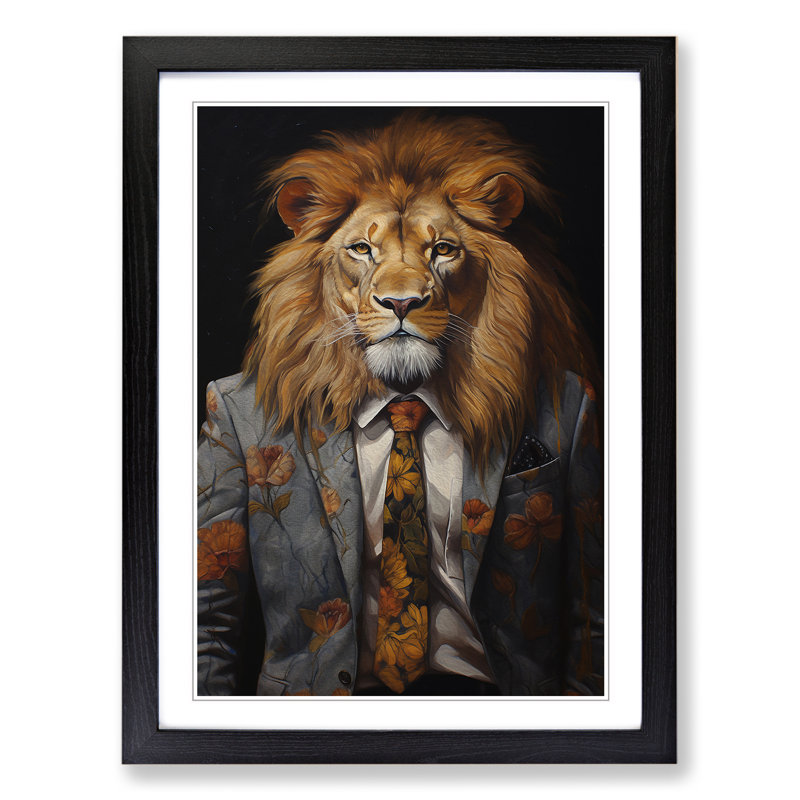 Lion In A Suit Painting No.3 - Single Picture Frame Print on Wood, 46cm H x 34cm W x 2cm D, Black Framed