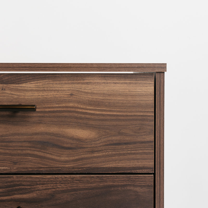 Dark Brown 6-Drawer Walnut Wood Dresser with Goldtone Handles