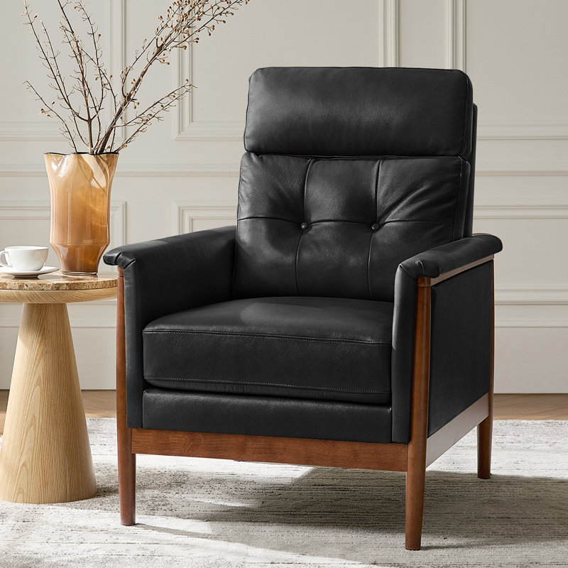 Outen Mid-Century Modern Genuine Leather Armchair with Solid Wood Armrests, Black