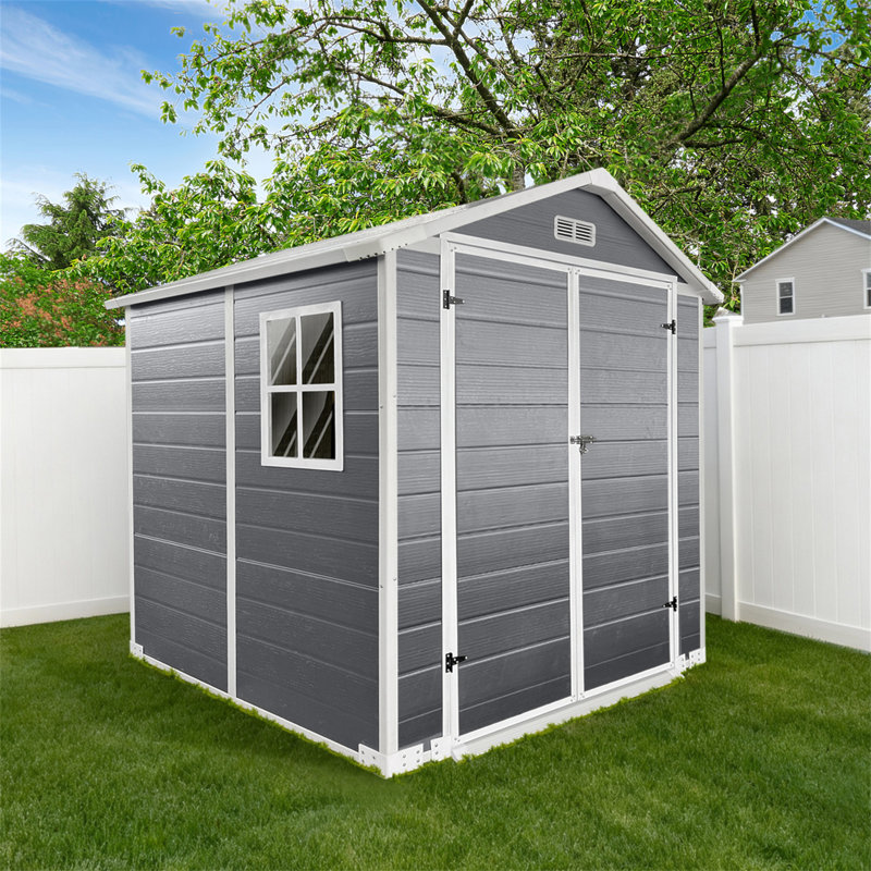 Rangement extérieur en plastique 6 pi x 6 pi avec plancher et porte verrouillable en plastique pour la cour arrière, pelouse, gris