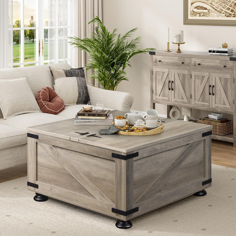 Farmhouse Coffee Table, 31.5" Square Coffee Table With Flip-Top Lids And Large Hidden Storage Compartment For Living Room