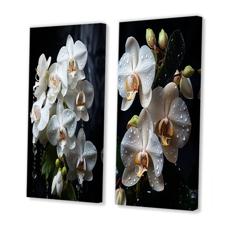 «White Orchids Petals Of Elegance», ensemble de 2 reproductions d'art sur toile, H 28 po x l 25 po, Toile tendue