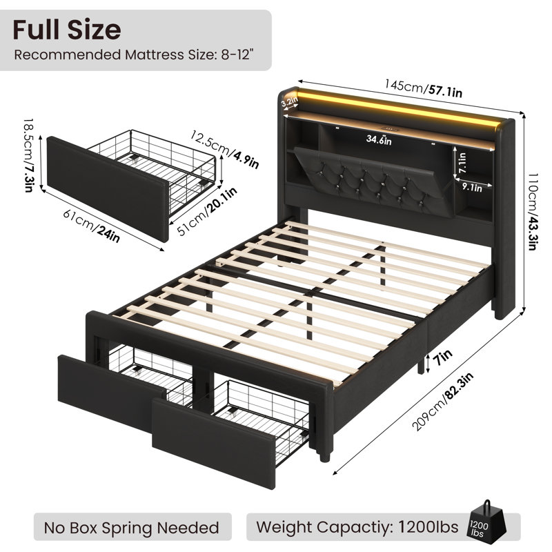Upholstered Platform Bed, LED Bed Frame with Charging, Storage Headboard, Full, Black