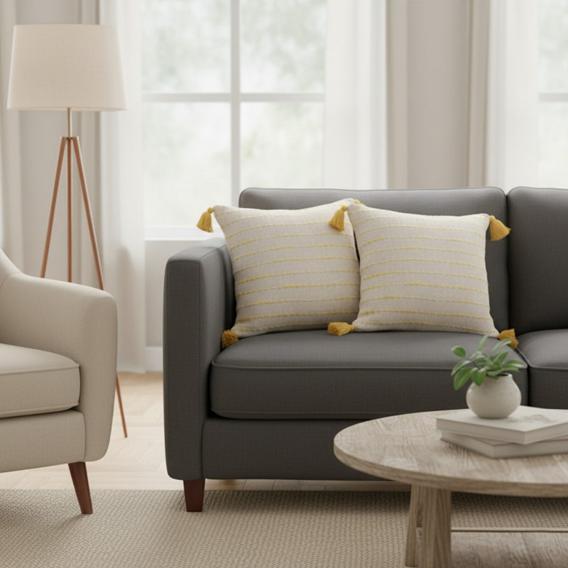 Housse de coussin décorative Fablewyn à bordure, contemporaine, faite à la main, 100 % coton, Yellow/Ivory