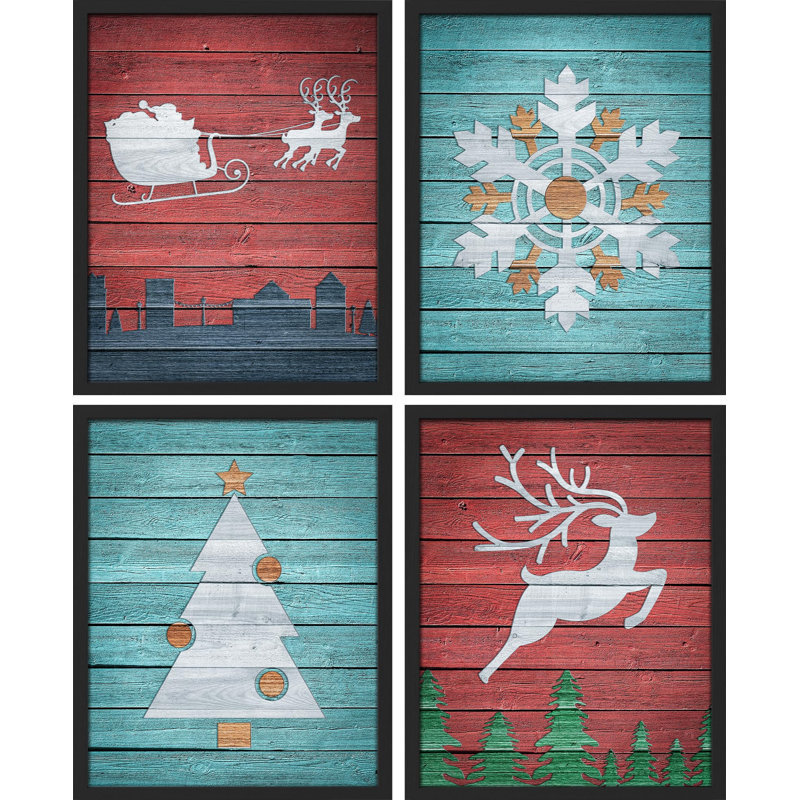 «Red and Teal Winter Christmas Tree Snowflakes», impression encadrée sur papier, 4 pièces, Blanc, H 10 po x l 8 po