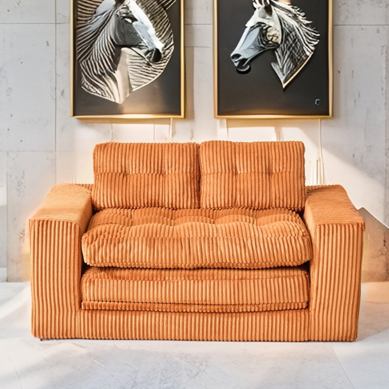 Canapé-lit à compression de 66,93 po sans os, causeuse convertible 2-en-1 et futon pliant, petit modèle peu encombrant en velours côtelé, pour le salon, la chambre à coucher et le studio - orange