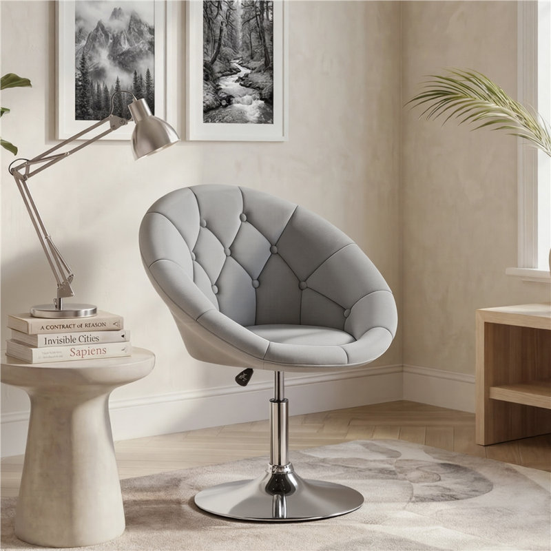 Fauteuil demi-tonneau pivotant capitonné Mavin, Velours gris velours