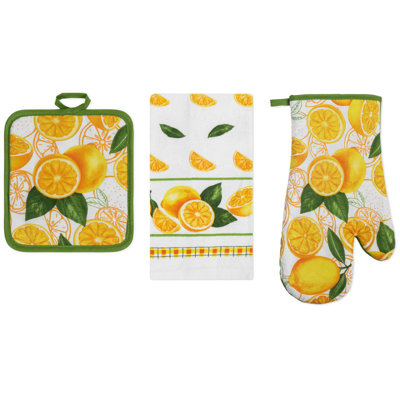 PREMIUS 3 Piece Printed Kitchen Linen Set, Lemon, 1 Cotton Towel, 1 Pot Holder, 1 Oven Mitt
