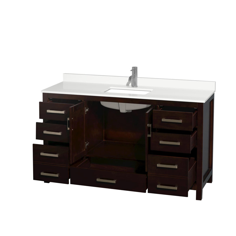 Meuble-lavabo simple autoportant 60 po avec plateau en quartz Sheffield, Brun, Chrome, Quartz blanc