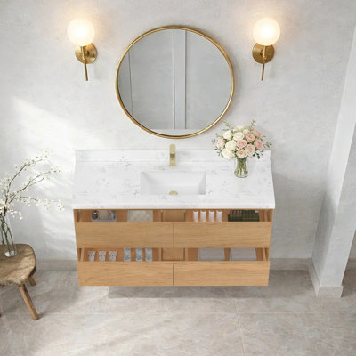 Wall-Mounted Single Bathroom Vanity With Carrara White Engineered Stone Top And Ceramic Sink