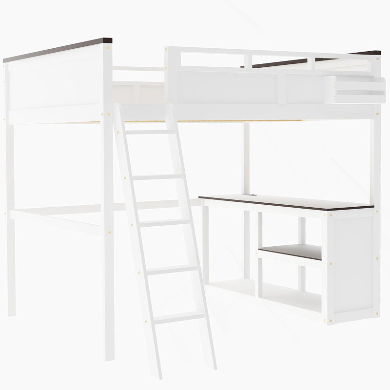 Grand lit mezzanine avec bureau, tablette ouverte et boîte de rangement, station de charge USB, blanc