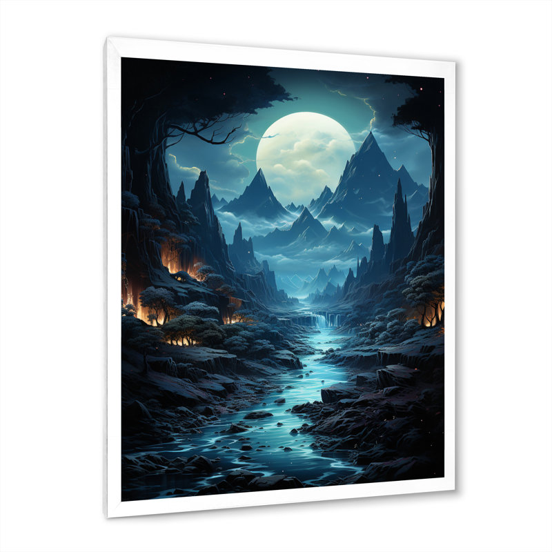 Blue Moon Mountain Landscape - impression, Cadre simple blanc, H 32 po x l 16 po x P 1 po