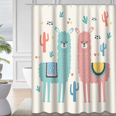 Cartoon Llama Adorable Animal Cactus Cute Environment Graphic Happy Shower Curtain with 12 Hooks