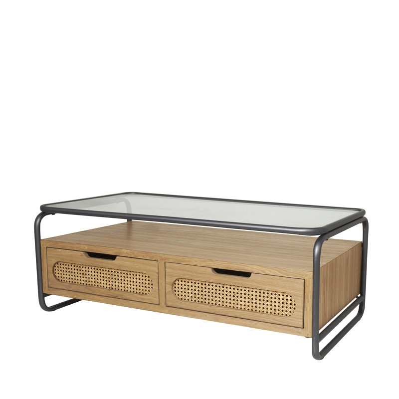 Nickalls Wooden 1 Shelf Brown Coffee Table with 2 Cane Front Drawers and Gray Metal Frame
