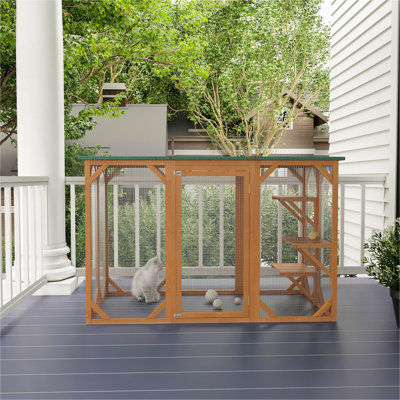 Maison pour chat d'extérieur PawHut, abri pour chat en bois Catio, cage pour chat avec plateformes, grande porte d'entrée, toit en asphalte de protection contre les intempéries, L 71 po, orange