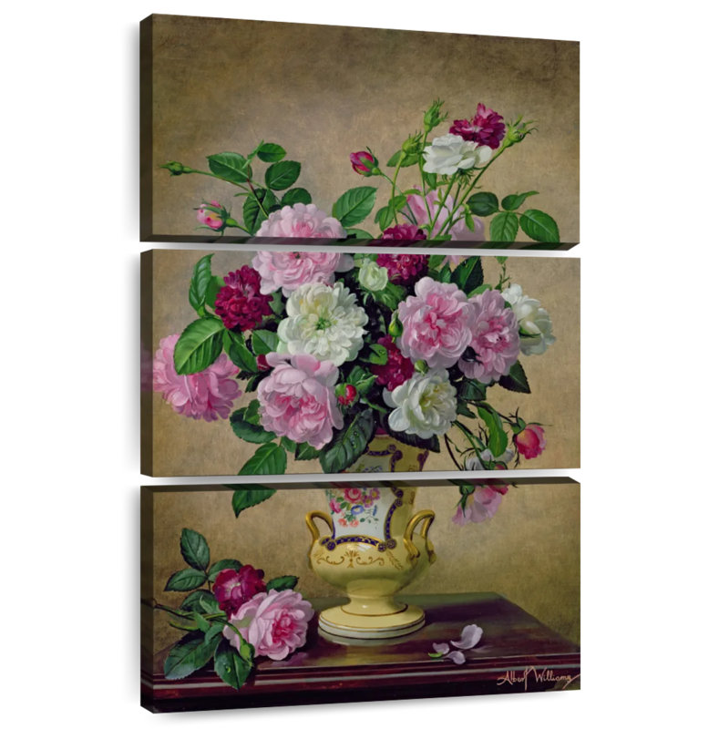 Harnek roses et dahlias dans un vase en céramique, H 45 po x l 28 po