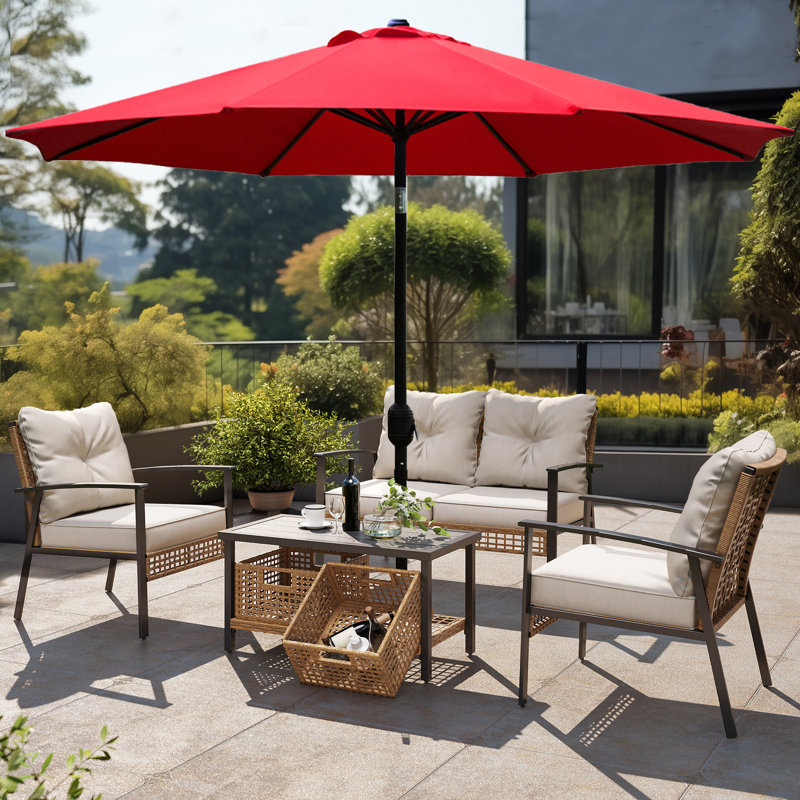 Parasol de marché à manivelle et inclinaison 9 pi Jaenis avec auvent résistant aux intempéries pour cour et terrasse, Rouge