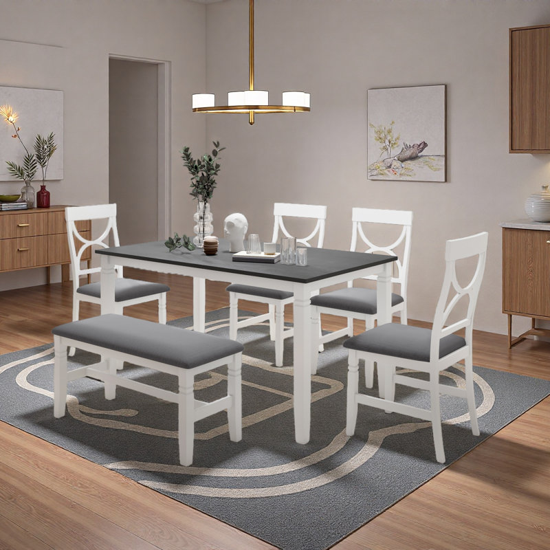 Ensemble de 6 tables de salle à manger en bois avec banc rembourré et 4 chaises de style campagnard