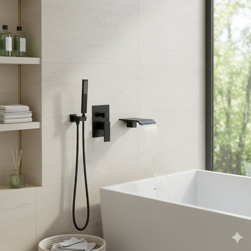Robinet de baignoire cascade haut débit 13,2 gallons par minute noir mat - Fixation murale avec douche à main et valve brute Cupc-In