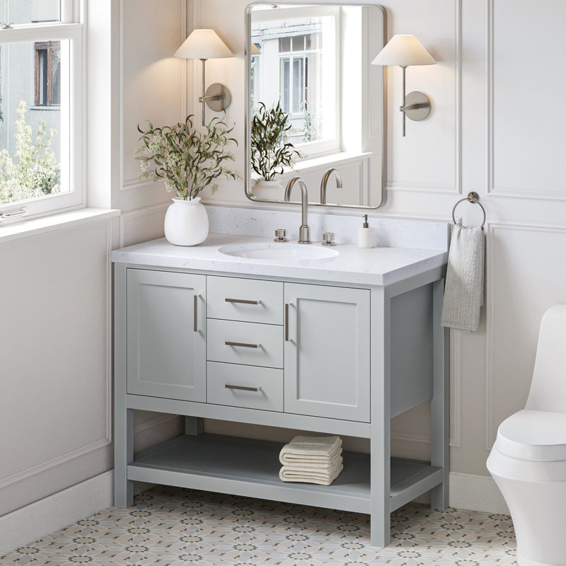 Single Bathroom Vanity with Carrara Quartz Top, Gray, 54"
