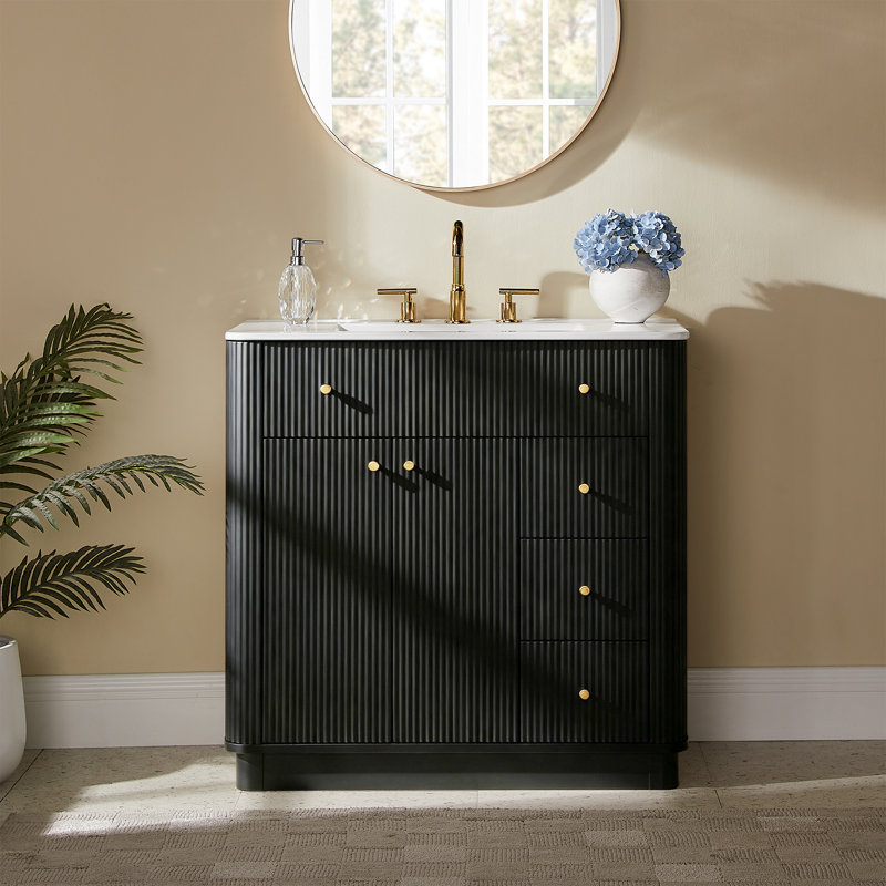 Meuble-lavabo cannelé 35,8 po, évier intégré en céramique, 3 tiroirs et armoire de plancher réglable, Black