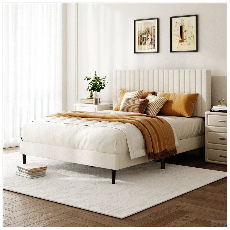 Structure de grand lit, lit plateforme tapissier en velours avec tête de lit réglable en hauteur, structure robuste et lattes, conception silencieuse, compatible avec les matelas sans ressorts, facile à assembler, beige