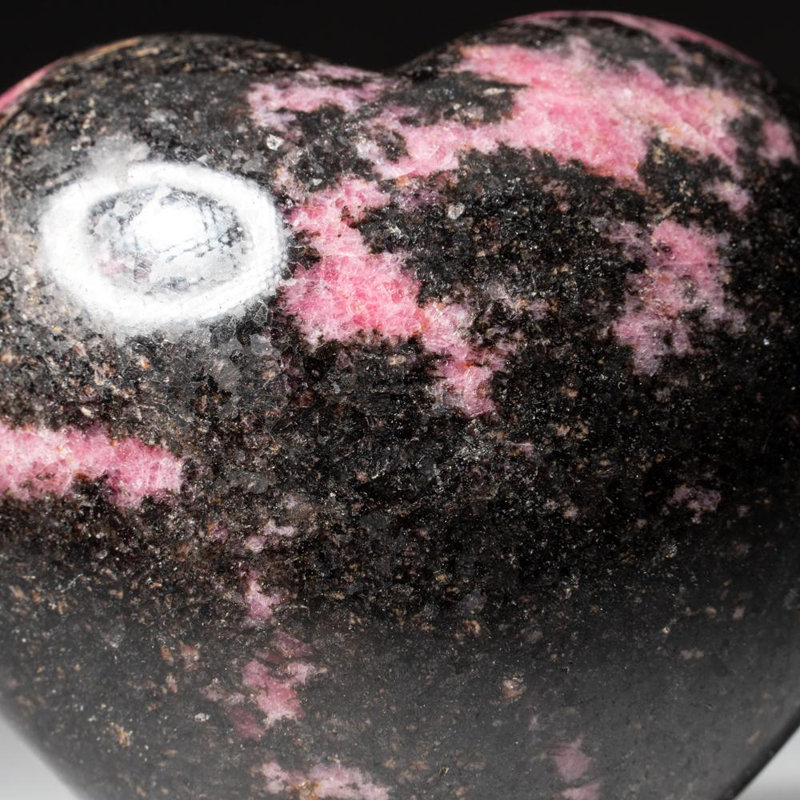 Polished Imperial Rhodonite Heart From Madagascar (400 Grams), Black/Pink, 3" H x 1.25" W x 3.5" D