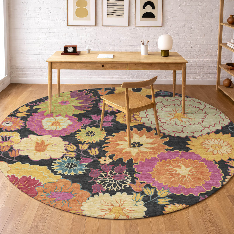 Tapis floral lavable à la machine de qualité supérieure Mayfield, Rond 8 pi, Noir
