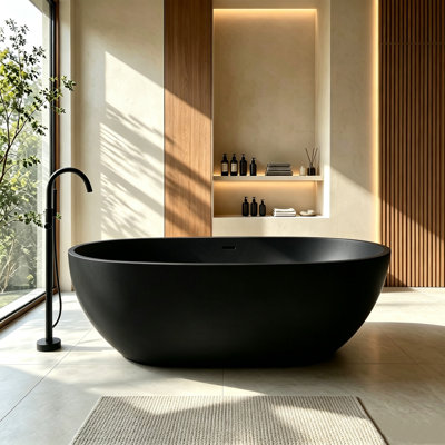 Baignoire de trempage autoportante noire à surface solide 67 "x 29,5" avec trop-plein et bonde escamotable pour salle de bain MonBlari