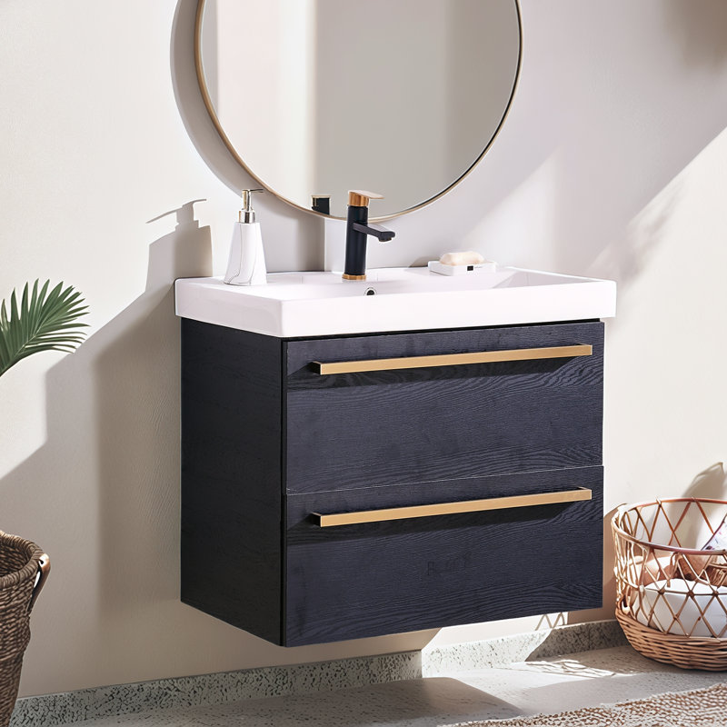 Ensemble de meuble-lavabo mural moderne 30 po grain de bois noir