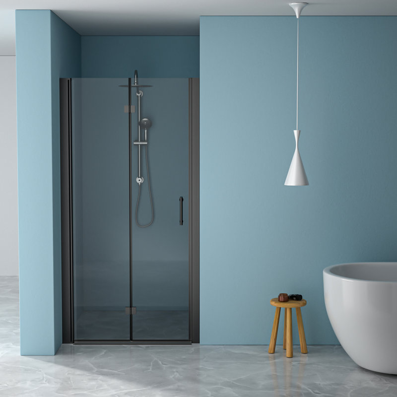 34"W X 72"H Fold Shower Door In Matte Black, 1/4 - Inch Thick Tempered Glass, Bi Structure, Water Screen, Stainless Steel Frame And Hinges, Reversible Installation, 180 Overlapping Rotate, Adjustable