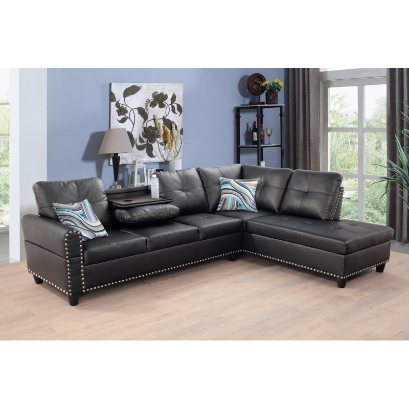 Mascotte Upholstered L-Shaped Sectional, Right Hand Facing, Black Faux Leather