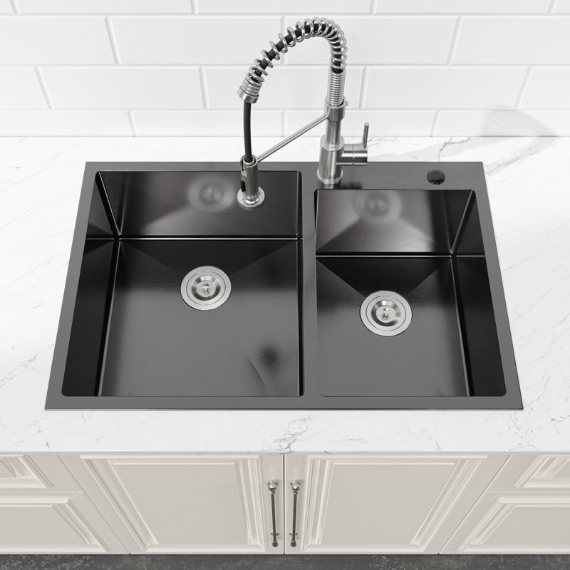 Évier de cuisine à double cuve en acier inoxydable 33 po x 22 po, lavabo encastré avec drains modernes, crépines, Noir