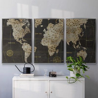 Safari World Map - 3 pièces, reproduction encadrée sur toile