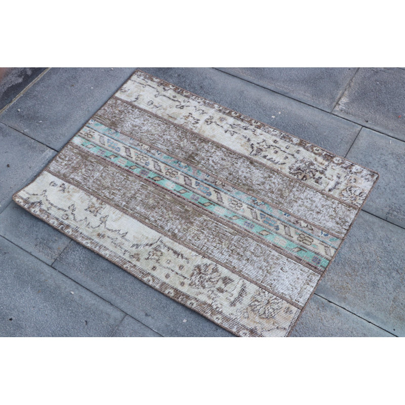 Small Traditional Turkish Patchwork Rug - Antique Brown Oushak Vintage Handmade Bathroom Mat