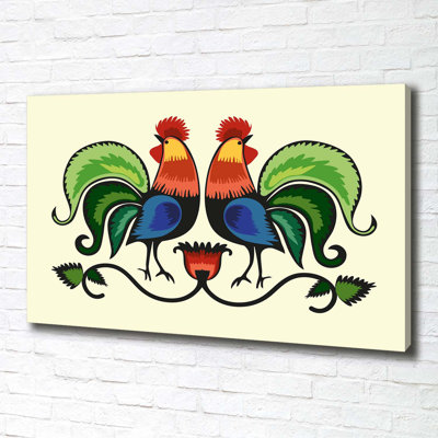 Roosters Folk Pattern - Wrapped Canvas Art Prints