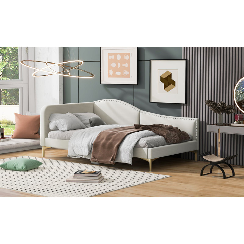 Lit de jour rembourré beige avec tête de lit et accoudoirs, Beige, Lit simple