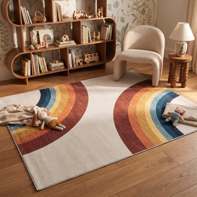 Tapis blanc arc-en-ciel pour enfants 7 pi x 10 pi (6 pi 7 po x 9 pi 6 po) Branch Branch Marlow, tapis moderne, à poils moyens et résistant aux taches